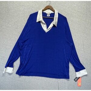 Stonebridge Signature Blouse Top Womens 3X Royal Blue Stretch White Collar Cuffs